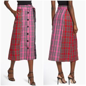 English Factory Colorblock Plaid Midi Skirt Multicolor Size XS High Waist Preppy